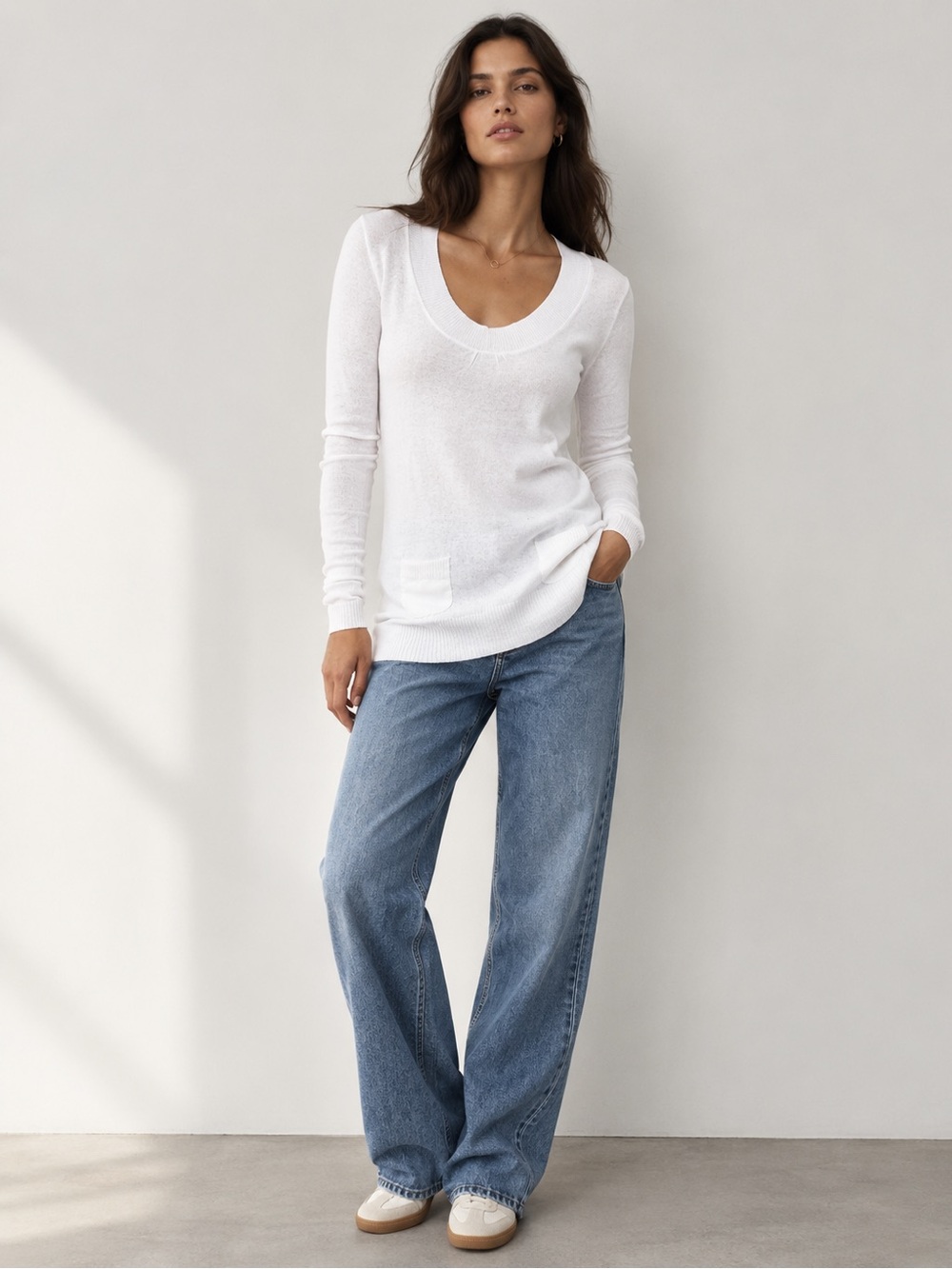 Cotton Blend Fine Knit Tunic Sweater